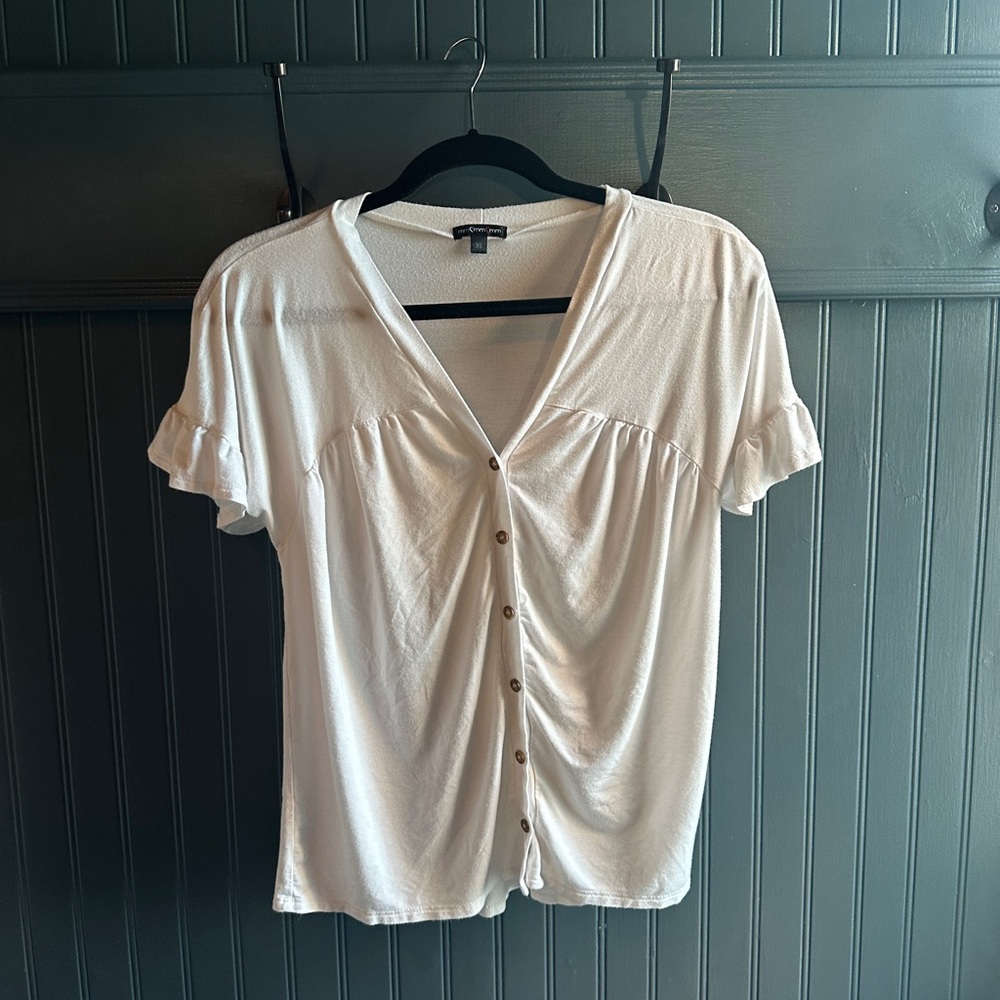 White Button-Down Ruffle Sleeve Top